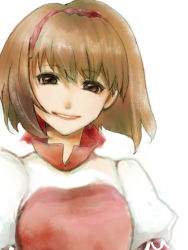 Rule 34 | 1girl, breasts, brown eyes, brown hair, commentary request, gensou suikoden, gensou suikoden ii, hairband, nanami (suikoden), short hair, smile, solo