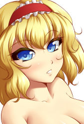 Rule 34 | 1girl, alice margatroid, blonde hair, blue eyes, breasts, hairband, looking at viewer, mazume, simple background, solo, touhou