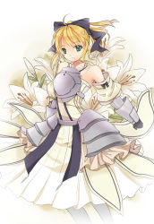 Rule 34 | 1girl, ahoge, armor, armored dress, artoria pendragon (all), artoria pendragon (fate), bad id, bad pixiv id, bare shoulders, blonde hair, bow, capcom, detached sleeves, dress, fate/stay night, fate/unlimited codes, fate (series), flower, gauntlets, green eyes, hair bow, kita (kitairoha), lily (flower), long hair, ponytail, saber (fate), saber lily, solo