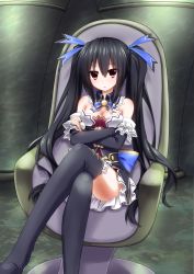 Rule 34 | 10s, 1girl, bare shoulders, black hair, blush, breasts, chair, cleavage, crossed arms, crossed legs, hair ornament, hair ribbon, long hair, looking at viewer, mizunashi (second run), neptune (series), noire (neptunia), open mouth, panties, pantyshot, red eyes, ribbon, sitting, solo, thighhighs, twintails, underwear