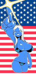 Rule 34 | 1girl, american flag, bikini, blue skin, boss (saints row), breasts, cleavage, clenched hands, colored skin, contrapposto, cropped legs, foreshortening, grin, heart, highres, huge breasts, long hair, navel, no pupils, pointing, pointing forward, sagging breasts, saints row, sideboob, silver hair, smile, solo, spacezin, standing, strap gap, swimsuit