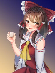 Rule 34 | 1girl, ascot, bare shoulders, blush, bow, brown eyes, brown hair, commentary request, cup, detached sleeves, gradient background, hair bow, hair tubes, hakurei reimu, highres, holding, holding cup, looking at viewer, medium hair, meguri39, open mouth, red bow, red shirt, ribbon-trimmed sleeves, ribbon trim, shirt, sidelocks, solo, touhou, yellow ascot