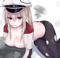 Rule 34 | 10s, 1girl, bad id, bad pixiv id, black pantyhose, blonde hair, blue eyes, blush, breasts, graf zeppelin (kancolle), hat, highres, kantai collection, kinryuu, large breasts, long hair, looking at viewer, pale skin, pantyhose, solo, torn clothes, torn pantyhose, twintails