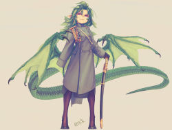 Rule 34 | 1girl, amputee, black pantyhose, buttons, double-breasted, dragon girl, dragon tail, dragon wings, female focus, full body, green hair, high heels, kmbk, long hair, long tail, military, military uniform, monster girl, original, pantyhose, pointy ears, red eyes, slit pupils, solo, standing, sword, tail, uniform, weapon, wings