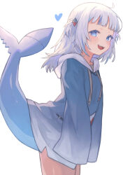 Rule 34 | 1girl, absurdres, bare legs, blue eyes, blue hoodie, blush, commentary, fins, fish tail, gawr gura, gawr gura (1st costume), hair ornament, heart, highres, hololive, hololive english, hood, hoodie, kiwwwwwi, looking at viewer, one side up, open mouth, shark tail, sharp teeth, short hair, simple background, sleeves past fingers, sleeves past wrists, smile, solo, tail, teeth, upper teeth only, virtual youtuber, white background, white hair
