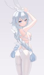 Rule 34 | absurdres, ahoge, animal ear headwear, animal ears, arms up, ass, azur lane, back, bare arms, blue eyes, blush, bow, braid, breasts, butterfly hair ornament, cowboy shot, fake animal ears, fake tail, from behind, hair bow, hair flaps, hair ornament, hairband, unworn hairband, hands on headwear, highres, le malin (azur lane), le malin (listless lapin) (azur lane), leotard, long hair, looking at viewer, looking back, low twin braids, nontraditional playboy bunny, official alternate costume, pantyhose, playboy bunny, pmasterm, rabbit ears, rabbit tail, sideboob, sidelocks, skindentation, symbol-shaped pupils, tail, thigh strap, twin braids, white background, white hair, white leotard, white pantyhose, wrist cuffs