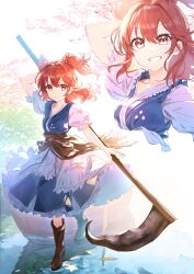 Rule 34 | 1girl, absurdres, blue dress, brown footwear, commentary request, dress, hair bobbles, hair ornament, highres, holding, holding scythe, ibushi roun, multiple views, onozuka komachi, red eyes, red hair, scythe, short sleeves, touhou, two side up