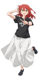 Rule 34 | 1girl, adjusting hair, black footwear, black shirt, bocchi the rock!, dot nose, full body, hair between eyes, hands up, highres, kessoku band logo, kessoku band t-shirt, kita ikuyo, long hair, long skirt, looking at viewer, official art, one side up, open mouth, red hair, shirt, shoes, short sleeves, simple background, skirt, smile, solo, standing, standing on one leg, t-shirt, tachi-e, transparent background, v, white skirt, yellow eyes