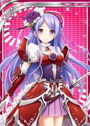 Rule 34 | 1girl, akkijin, armor, blonde hair, card, cowboy shot, dress, floral print, flower, hair flower, hair ornament, holding, holding sword, holding weapon, knight, long hair, looking at viewer, purple eyes, purple flower, purple hair, purple rose, red dress, rose, rose print, shinkai no valkyrie, smile, solo, sparkle, sword, very long hair, weapon