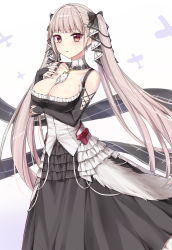 Rule 34 | 1girl, absurdres, azur lane, bare shoulders, between breasts, black bow, black dress, black gloves, blush, bow, breasts, bridal gauntlets, cleavage, cowboy shot, dress, earrings, formidable (azur lane), frills, gloves, hair bow, hand up, highres, jewelry, large breasts, long hair, looking at viewer, parted lips, red eyes, shenyuekong, silver hair, solo, standing, twintails, very long hair, white background