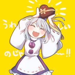 Rule 34 | 1girl, :3, :d, ^ ^, blue hat, blue skirt, candy, chocolate, chocolate heart, closed eyes, facing viewer, food, frilled skirt, frills, grey hair, hat, heart, highres, holding, holding food, itsumizu, japanese clothes, kariginu, long sleeves, mononobe no futo, open mouth, pom pom (clothes), ribbon-trimmed sleeves, ribbon trim, skirt, smile, solo, tate eboshi, touhou, translation request, valentine, wide sleeves, yellow background