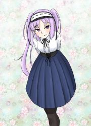 Rule 34 | 1girl, alternate costume, arms behind back, blouse, blush, commentary request, corset, fate/hollow ataraxia, fate (series), floral background, hairband, hanaimo, high-waist skirt, leaning forward, lolita hairband, meme attire, pantyhose, purple eyes, purple hair, shirt, skirt, smile, solo, stheno (fate), suspender skirt, suspenders, twintails, virgin killer outfit, white shirt