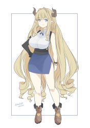 Rule 34 | 1girl, arm at side, bare legs, bare shoulders, black gloves, blonde hair, blue eyes, blue skirt, boots, border, breasts, brown footwear, closed mouth, collared shirt, dated, drill hair, elbow gloves, full body, gloves, granblue fantasy, hair intakes, hand on own hip, highres, horns, kichihachi, large breasts, long hair, miniskirt, outside border, pointy ears, razia, shirt, shoes, side drill, sidelocks, sideways glance, simple background, single glove, skirt, sleeveless, sleeveless shirt, smile, solo, standing, twitter username, very long hair, white background, white shirt, wristband, wristlet