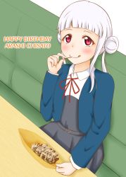 Rule 34 | 1girl, absurdres, arashi chisato, artist name, artist request, belt, blue cardigan, blue jacket, blush, bow, bowtie, breasts, buttons, cardigan, collared shirt, couch, cropped jacket, double bun, dress, dress shirt, female focus, food, food on face, grey belt, grey shirt, grey skirt, hair bun, hair tie, highres, holding, indoors, jacket, long hair, long sleeves, looking at viewer, love live!, love live! superstar!!, miniskirt, neck ribbon, o-ring, o-ring belt, on couch, parted lips, plaid, plaid skirt, pleated, pleated skirt, red bow, red eyes, red ribbon, ribbon, school uniform, shirt, sitting, skirt, small breasts, smile, solo, table, takoyaki, twintails, white hair, white shirt, wing collar, yuigaoka school uniform