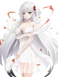 Rule 34 | 1girl, azur lane, bare shoulders, blue eyes, breasts, chinese commentary, cleavage, closed mouth, collarbone, commentary request, cowboy shot, dress, hair ornament, hair scrunchie, hand on own arm, highres, lace sleeves, lace trim, large breasts, long hair, long sleeves, looking at viewer, off-shoulder dress, off shoulder, official alternate costume, one side up, qing wu, red scrunchie, scrunchie, see-through, see-through dress, short ponytail, shoukaku (azur lane), shoukaku (the crane that dances with the wind) (azur lane), side ponytail, simple background, smile, solo, very long hair, white background, white dress, white hair
