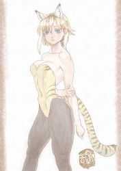 Rule 34 | 1girl, alternate costume, animal ears, animal print, arms behind back, artist logo, bare arms, bare shoulders, black pantyhose, blonde hair, blue eyes, breasts, brown hair, cleavage, closed mouth, collarbone, covered navel, empty eyes, expressionless, feet out of frame, hand on own arm, kemono friends, kishida shiki, leotard, looking at viewer, medium breasts, medium hair, multicolored hair, pantyhose, parted bangs, print leotard, smilodon (kemono friends), solo, standing, strapless, strapless leotard, tail, white hair