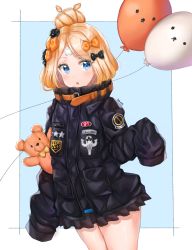 Rule 34 | 1girl, abigail williams (fate), abigail williams (traveling outfit) (fate), alternate hairstyle, artist request, bad id, bad pixiv id, balloon, bandaid, bandaid on face, bandaid on forehead, belt, black bow, black jacket, blonde hair, blue background, blue eyes, blush, border, bow, fate/grand order, fate (series), forehead, hair bow, hair bun, heroic spirit traveling outfit, high collar, highres, holding, holding stuffed toy, jacket, long hair, looking at viewer, official alternate costume, open mouth, orange bow, parted bangs, polka dot, polka dot bow, simple background, single hair bun, sleeves past fingers, sleeves past wrists, solo, stuffed animal, stuffed toy, teddy bear, thighs, white border