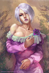 Rule 34 | 1girl, bare shoulders, blue eyes, breasts, cleavage, dress, female focus, fingernails, isabella valentine, judash137, large breasts, lips, lipstick, looking at viewer, makeup, nail polish, namco, open mouth, revealing clothes, short hair, smile, solo, soul calibur, standing, white hair