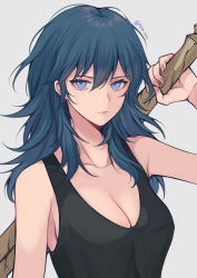 Rule 34 | 1girl, absurdres, banned artist, bare shoulders, black tank top, blue eyes, blue hair, breasts, byleth (female) (fire emblem), byleth (fire emblem), collarbone, commentary request, fire emblem, fire emblem: three houses, grey background, hair between eyes, highres, large breasts, long hair, looking at viewer, nintendo, shimizu akina, simple background, solo, tank top, upper body