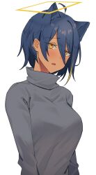 Rule 34 | 1girl, absurdres, agame-san (agamemega), agamemega, ahoge, animal ears, blue hair, breasts, cat ears, commentary request, dark blue hair, grey sweater, hair between eyes, halo, highres, light blush, looking at viewer, original, rectangular halo, short hair, simple background, sweater, turtleneck, turtleneck sweater, upper body, white background, yellow eyes