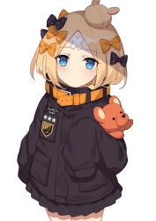 Rule 34 | 1girl, abigail williams (fate), abigail williams (traveling outfit) (fate), bandaid, bandaid on face, black bow, black jacket, black skirt, blonde hair, blue eyes, blush, bow, closed mouth, commentary request, cowboy shot, doll, fate/grand order, fate (series), hair bow, hair bun, highres, holding, holding doll, hongchajun, jacket, long hair, long sleeves, looking at viewer, miniskirt, official alternate costume, orange bow, parted bangs, pleated skirt, polka dot, polka dot bow, simple background, single hair bun, skirt, sleeves past fingers, sleeves past wrists, solo, standing, star (symbol), star print, stuffed animal, stuffed toy, teddy bear, white background