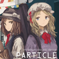 Rule 34 | 2girls, album cover, album name, black headwear, black vest, blonde hair, blue eyes, bow, bowtie, brown eyes, brown hair, building, circle name, closed mouth, collared dress, cover, dress, hat, hat bow, hat ribbon, instrument case, kikurina, long hair, looking at viewer, maribel hearn, medium hair, mob cap, multiple girls, parted bangs, purple dress, red bow, red bowtie, red ribbon, ribbon, shirt, smile, third-party source, touhou, upper body, usami renko, vest, white bow, white headwear, white shirt
