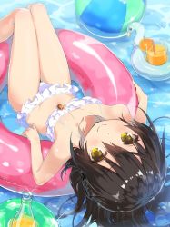 Rule 34 | 1girl, alastor (shakugan no shana), ball, bare legs, barefoot, beachball, bikini, black hair, bottle, closed mouth, commentary request, cup, day, drinking glass, drinking straw, frilled bikini, frills, from above, glint, hair between eyes, halterneck, innertube, jewelry, juice, long hair, looking at viewer, lying, on back, orange juice, partially submerged, pendant, rokushou, shakugan no shana, shana, smile, solo, summer, swim ring, swimsuit, upside-down, white bikini, yellow eyes