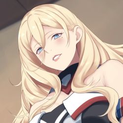 Rule 34 | 1girl, armband, bare shoulders, blonde hair, blue eyes, commentary request, dress, hair between eyes, kantai collection, long hair, looking at viewer, mole, mole under eye, mole under mouth, multicolored clothes, off-shoulder dress, off shoulder, parted lips, richelieu (kancolle), shingyou (alexander-13), solo, strapless, strapless dress, two-tone dress, upper body