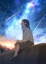 Rule 34 | 1girl, brown hair, brown skirt, closed mouth, collared shirt, crying, galaxy, highres, holding, light particles, loafers, long hair, long sleeves, nakamura yukihiro, necktie, night, night sky, original, outdoors, photoshop (medium), plaid, plaid necktie, plaid skirt, shirt, shoes, shooting star, sitting, skirt, sky, solo, star (sky), starry sky, tears, white shirt