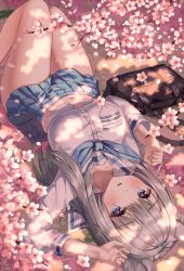 Rule 34 | 1girl, arm up, bag, blue eyes, blue skirt, breast pocket, buttons, cherry blossoms, flower, grey hair, hand up, knees up, long hair, long sleeves, looking at viewer, lying, midriff, miniskirt, mole, mole on thigh, navel, neckerchief, on back, on ground, original, parted lips, partially unbuttoned, pink flower, pleated skirt, pocket, ruda (ruda e), sailor collar, school bag, school uniform, serafuku, shirt, skirt, solo, thighs, tree shade, upside-down, white shirt
