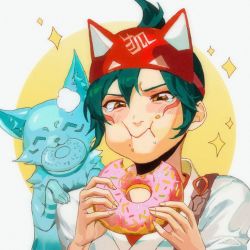Rule 34 | 1girl, blush, blush stickers, brown eyes, commentary, doughnut, eating, english commentary, food, food in mouth, food on face, fox, fox mask, green hair, half-closed eyes, half mask, hands up, holding, holding food, japanese clothes, kimono, kiriko (overwatch), looking down, mask, ninja, overwatch, overwatch 2, drooling, simple background, sparkle, tearing up, white background, white kimono, yellow background, yshua