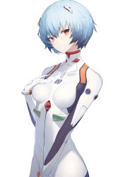 Rule 34 | 1girl, absurdres, ayanami rei, blue hair, bodysuit, bracer, breasts, closed mouth, er san si, expressionless, hair between eyes, hand on own chest, headgear, highres, looking at viewer, medium breasts, neon genesis evangelion, plugsuit, red eyes, short hair, simple background, solo, standing, white background, white bodysuit