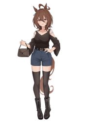Rule 34 | 1girl, :d, agnes tachyon (umamusume), alternate costume, animal ears, bag, black thighhighs, blush, boots, brown eyes, brown hair, casual, clothing cutout, commentary request, cross-laced footwear, full body, hair between eyes, hand on own hip, handbag, highres, horse ears, horse girl, horse tail, looking at viewer, nagaburo imoni, open mouth, shorts, shoulder cutout, simple background, smile, solo, standing, tail, thighhighs, umamusume, white background