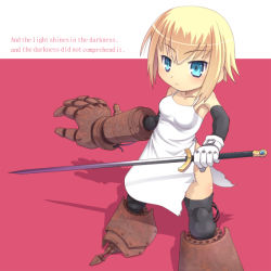 Rule 34 | 1girl, blonde hair, blue eyes, breasts, english text, meow (nekodenki), original, shadow, short hair, small breasts, solo, standing, sword, thick thighs, thighs, torn clothes, weapon