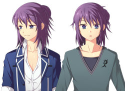 Rule 34 | 00s, 1boy, alternate hairstyle, ayamisiro, blue eyes, casual, character sheet, contemporary, dual persona, expressions, hair bun, male focus, official alternate costume, purple hair, shirt, simple background, single hair bun, smile, solo, tales of (series), tales of vesperia, upper body, white background, yuri lowell