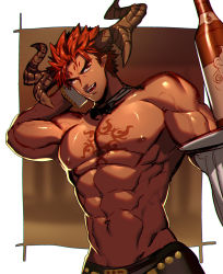 Rule 34 | 1boy, abs, black bow, black bowtie, bottle, bow, bowtie, chest tattoo, dark-skinned male, dark skin, detached collar, highres, horns, ifrit (housamo), looking at viewer, lvlv, male focus, muscular, nipples, pointy ears, red hair, solo, tattoo, tokyo houkago summoners, toned, toned male, topless male, tray, wine bottle
