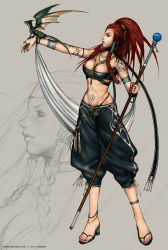 Rule 34 | 1girl, anklet, arm tattoo, aruha (as2), astonishia story 2, bandeau, black bandeau, black footwear, black pants, braid, breasts, circlet, closed mouth, commentary, covered erect nipples, dragon, english commentary, full body, grey background, highres, holding, holding staff, jewelry, limha lekan, long hair, looking afar, medium breasts, midriff, mini dragon, necklace, official art, pants, red hair, sandals, solo, staff, stomach tattoo, sun tattoo, tan, tattoo, tribal tattoo, twin braids, zoom layer