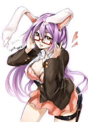 Rule 34 | 1girl, adjusting eyewear, animal ears, bespectacled, blush, bra, breasts, rabbit ears, carrot, carrot necklace, cleavage, dress shirt, female focus, glasses, gun, handgun, heart, holster, jewelry, large breasts, lingerie, long hair, miniskirt, necklace, open clothes, open shirt, pendant, phenne, pink skirt, purple hair, red eyes, reisen udongein inaba, shirt, skirt, solo, thigh holster, touhou, underwear, weapon