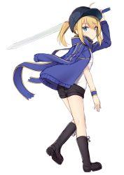 Rule 34 | 1girl, arm up, artoria pendragon (fate), black footwear, black hat, black shorts, blonde hair, blue eyes, blue jacket, boots, closed mouth, fate/grand order, fate (series), flat cap, hair between eyes, hat, highres, holding, holding sword, holding weapon, jacket, knee boots, long sleeves, mysterious heroine x (fate), ponytail, rojiura satsuki: chapter heroine sanctuary, shirt, short shorts, shorts, sidelocks, sketch, solo, standing, standing on one leg, sword, weapon, white background, white shirt, wristband, yukarite