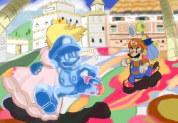Rule 34 | 1girl, 2boys, angry, blonde hair, carrying, clone, crown, dress, f.l.u.d.d., facial hair, gloves, hand extended, hat, kidnapped, mario, mario (series), multiple boys, mustache, nintendo, paint, palm tree, princess peach, running, shadow mario, super mario sunshine, tree, water