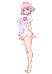 Rule 34 | 1girl, ahoge, aqua hair, ass, barefoot, blush, bottomless, bracelet, breasts, collar, commentary request, full body, heart, idolmaster, idolmaster cinderella girls, jewelry, multicolored hair, nakasima-syouta, open mouth, pink eyes, pink hair, shirt, short hair, short sleeves, simple background, solo, toes, two-tone hair, white background, yumemi riamu