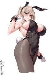 Rule 34 | 1girl, animal ears, armpits, black leotard, blonde hair, blue eyes, blush, breasts, closed mouth, covered navel, cowboy shot, cropped legs, detached collar, ebifurya, fake animal ears, furrowed brow, gloves, graf zeppelin (kancolle), hair between eyes, highleg, highleg leotard, highres, kantai collection, large breasts, leotard, light frown, long hair, looking at viewer, one-hour drawing challenge, pantyhose, playboy bunny, rabbit ears, rabbit tail, sidelocks, simple background, solo, sweatdrop, tail, twintails, twitter username, white background, white gloves, wrist cuffs