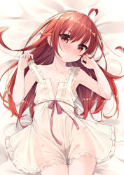 1girl, ahoge, bed sheet, blush, breasts, cleavage, closed mouth, collarbone, commentary request, eris greyrat, eyebrows visible through hair, highres, looking at viewer, lying, mushoku tensei, nightgown, on back, red eyes, red hair, small breasts, solo, thighs, wari (nirodo26)