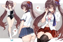 Rule 34 | 1girl, arms behind head, arms up, ass, black one-piece swimsuit, black thighhighs, blue skirt, blush, boo tao (genshin impact), bra, bra peek, breasts, brown hair, collared shirt, commentary request, full body, genshin impact, ghost, glasses, highres, hu tao (genshin impact), kneehighs, long hair, looking at viewer, miniskirt, multiple views, navel, necktie, one-piece swimsuit, one eye closed, open mouth, panties, partially unbuttoned, pink bra, pleated skirt, red eyes, red skirt, school uniform, seiru (prairie), shirt, short sleeves, skindentation, skirt, small breasts, smile, socks, swimsuit, symbol-shaped pupils, thick thighs, thighhighs, thighs, twintails, underwear, very long hair, wedgie, white footwear, white panties, white shirt, white thighhighs, zettai ryouiki