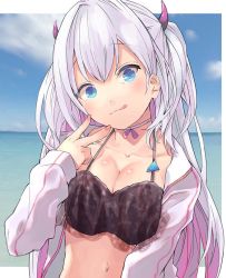 Rule 34 | 1girl, avatar 2.0 project, bare shoulders, bikini, black bikini, blue eyes, blue sky, blush, breasts, choker, cleavage, closed mouth, cloud, collarbone, day, hair between eyes, hair ornament, jacket, long hair, looking at viewer, medium breasts, multicolored hair, musubime yui, nail polish, navel, ocean, open clothes, open jacket, outdoors, pink hair, pink nails, purple hair, sky, smile, solo, streaked hair, swimsuit, taker (flamestorm), tongue, tongue out, upper body, v, virtual youtuber, white choker, white jacket