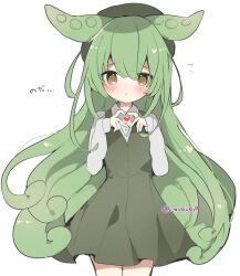 Rule 34 | 1girl, :o, animal ears, blush, brown eyes, collared shirt, commentary request, cowboy shot, dress, flat chest, green dress, green hair, green hat, grey shirt, hair between eyes, hands up, hat, heart, heart hands, heart in heart hands, highres, long hair, long sleeves, looking at viewer, ovoip, parted lips, raised eyebrows, shirt, shirt under dress, simple background, sleeves past wrists, solo, standing, straight-on, translation request, twitter username, very long hair, voicevox, white background, wing collar, zundamon