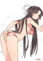 Rule 34 | &gt;:(, 10s, 1girl, artist name, ass, bent over, bikini, blush, breasts, brown hair, butt crack, covering privates, covering ass, frown, hair ribbon, hiyou (kancolle), jpeg artifacts, kantai collection, large breasts, long hair, looking at viewer, red bikini, red eyes, ribbon, sensen, sideboob, simple background, solo, sweatdrop, swimsuit, torn bikini, torn clothes, v-shaped eyebrows