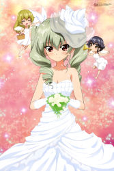 Rule 34 | 10s, 3girls, :d, ^ ^, absurdres, anchovy (girls und panzer), angel, bare shoulders, barefoot, basket, black hair, blonde hair, blush, braid, bride, brown eyes, carpaccio (girls und panzer), closed eyes, collarbone, copyright name, dated, dress, drill hair, flower, full body, girls und panzer, green hair, hair ribbon, highres, horn (instrument), huge filesize, long hair, megami magazine, mini person, minigirl, multiple girls, official art, open mouth, outstretched arm, pepperoni (girls und panzer), petals, ribbon, rose, scan, short hair, sidelocks, sleeveless, smile, sparkle, strapless, strapless dress, twin drills, twintails, watermark, wedding dress, white dress, white flower, white rose, white wings, wings, yoshida nobuyoshi