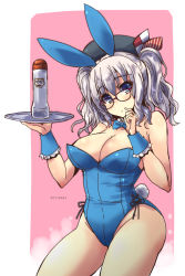 Rule 34 | 10s, 1girl, animal ears, bare legs, beret, bespectacled, blue eyes, bottle, breasts, detached collar, fake animal ears, glasses, hat, highres, kantai collection, kashima (kancolle), large breasts, leotard, looking at viewer, playboy bunny, playboy bunny, rabbit ears, shinshin, silver hair, solo, tail, tray, tsurime, twintails, twitter username, wavy hair, wrist cuffs