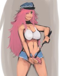 Rule 34 | 1girl, 34no404, big hair, blue eyes, blue shorts, breasts, choker, cowboy shot, cutoffs, denim, denim shorts, final fight, food, gradient background, hat, highres, hot dog, large breasts, long hair, messy hair, navel, open fly, peaked cap, phallic symbol, pink hair, poison (final fight), riding crop, sausage, sexually suggestive, short shorts, shorts, sketch, solo, standing, tank top, unzipped